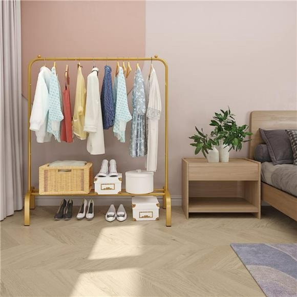 Metal 43.3 Inches Garment Rack with Bottom Shelf Clothing Rack, Gold - Picture 3 of 6